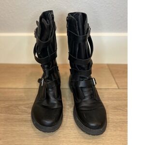 LEI Black Faux Leather Moto Buckle Boots Women's Size 6 Mid Calf